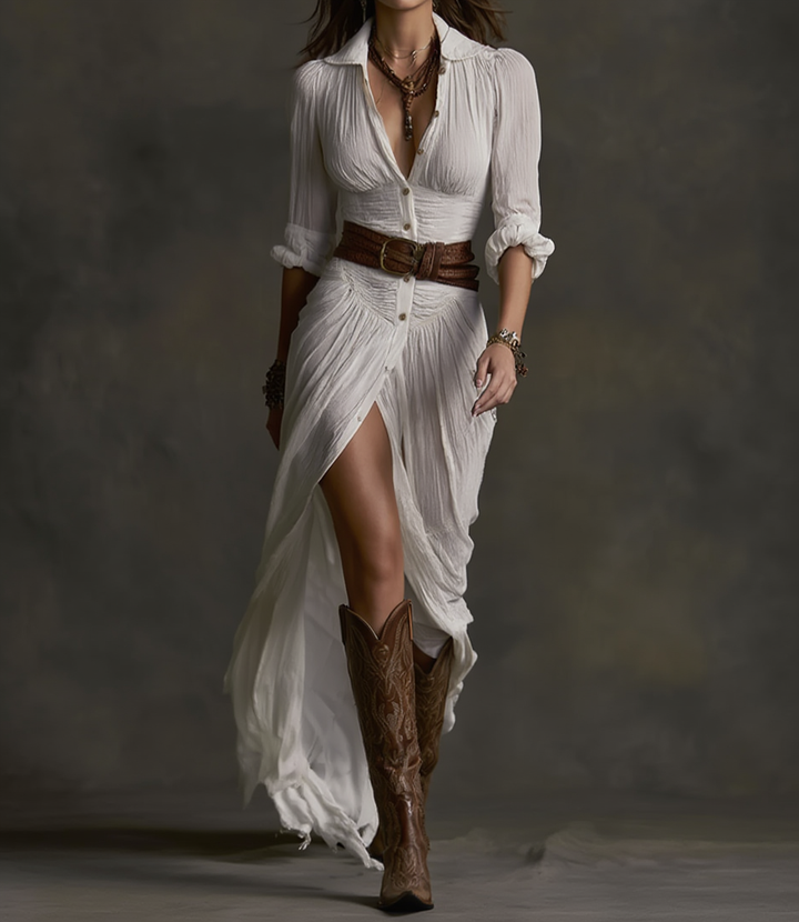 AURORA | שמלת מקסי מפשתן עם צווארון הפוך