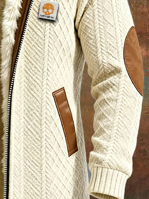 מעיל סרוג רטרו לגברים עם דפוס פאטצ'וורק ג'קארד, ריפוד פרוותי, חם, באורך בינוני