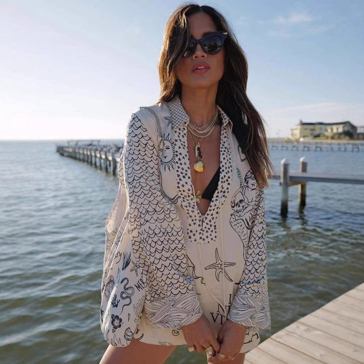 ROYAL HOLIDAY חולצת כפתורים מודפסת ומכנסיים קצרים עם מותן אלסטית