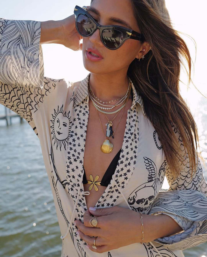 ROYAL HOLIDAY חולצת כפתורים מודפסת ומכנסיים קצרים עם מותן אלסטית