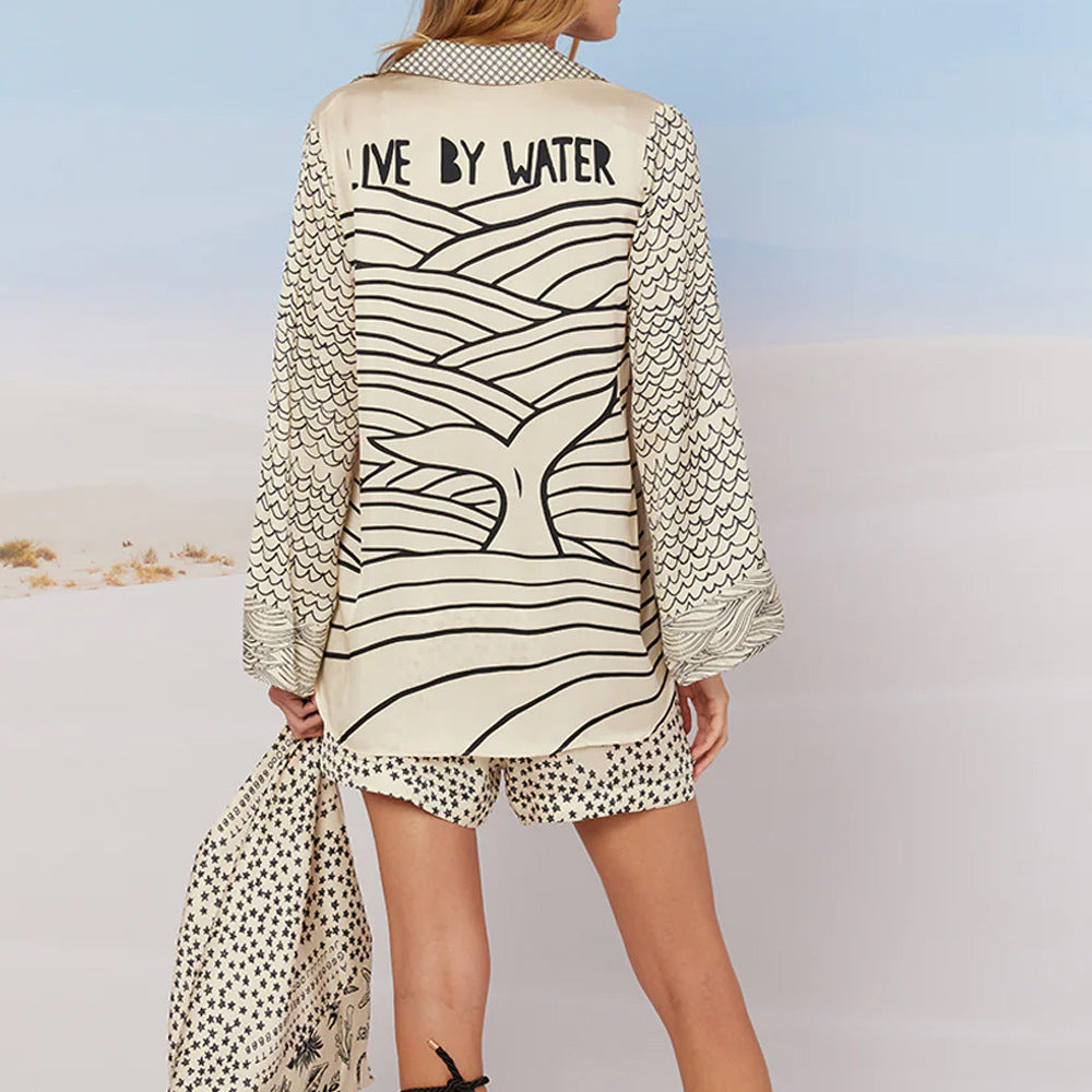 ROYAL HOLIDAY חולצת כפתורים מודפסת ומכנסיים קצרים עם מותן אלסטית