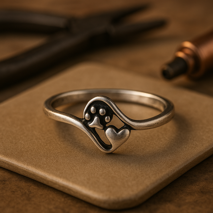 טבעת וינטג' מכסף עם חותמת של כף רגל ודוגמת לב