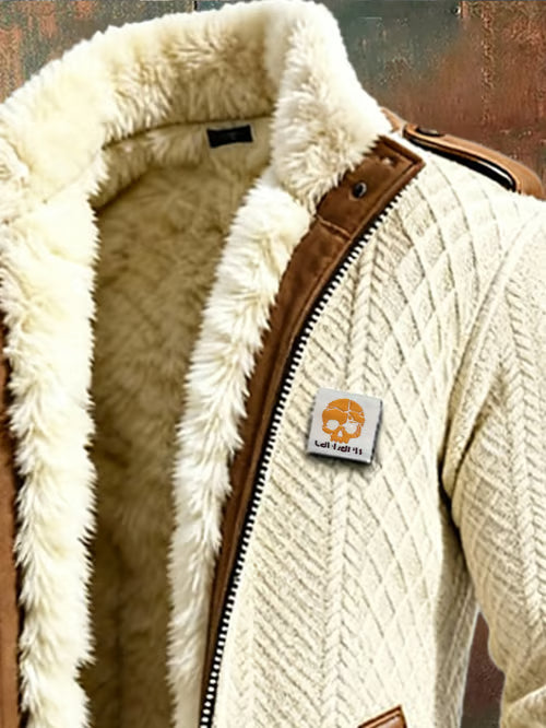 מעיל סרוג רטרו לגברים עם דפוס פאטצ'וורק ג'קארד, ריפוד פרוותי, חם, באורך בינוני