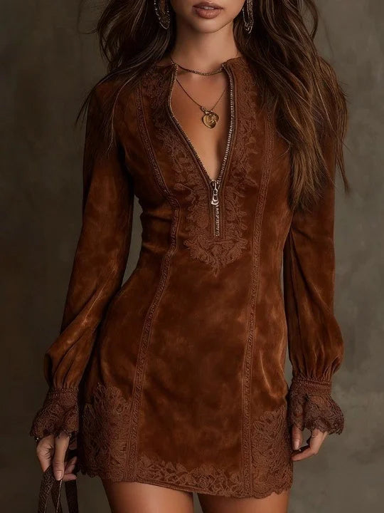 AURORA™ | שמלת מיני זמש עם תחרה