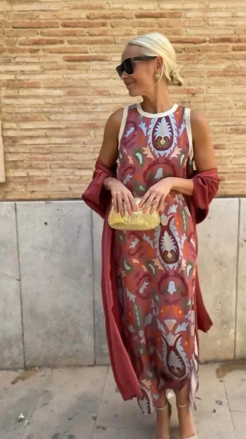AINARA שמלה ארוכה אלגנטית עם צעיף תואם