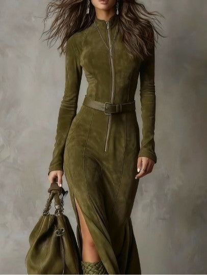 ALESSIA™ | שמלה ארוכה מעור זמש