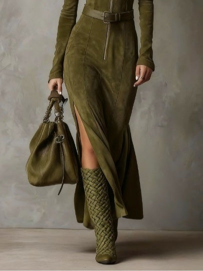 ALESSIA™ | שמלה ארוכה מעור זמש